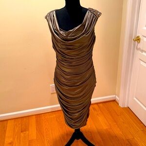 Cache Stunning Silver Metallic Dress with rhinestones on the shoulders.